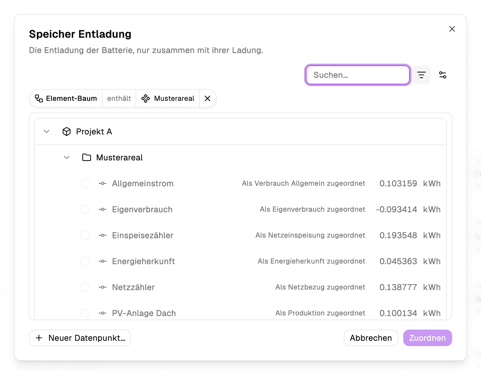 Dialog zum Zuordnen eines Datenpunkts zur Rolle Speicher Entladung, mit dem Filter Element-Baum und bereits zugeordneten, deaktivierten Datenpunkten