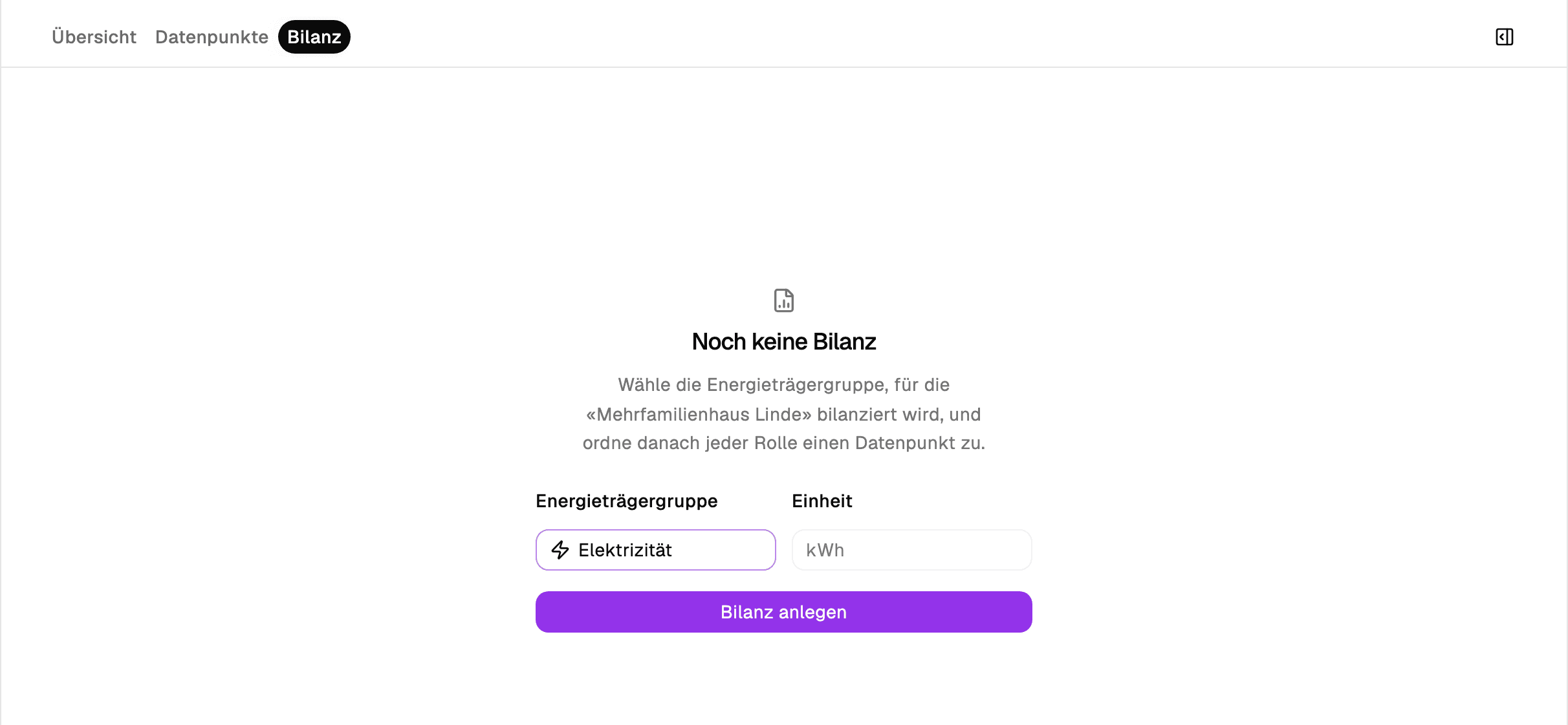 Reiter Bilanz eines Gebäudes ohne Bilanz, mit gewählter Energieträgergruppe und der Schaltfläche Bilanz anlegen
